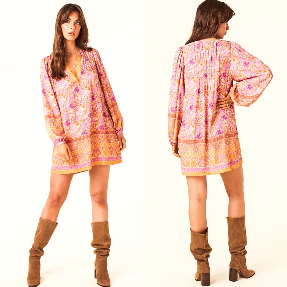 SPELL Village Ruffle Tunic Mini Dress SUNRISE Hand Drawn Print Organic Cotton